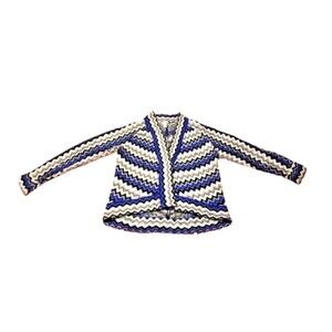 CHICO'S Cardigan Sweater Sz 2 US Large 12 Blue Black Gray Ivory Chevron Striped